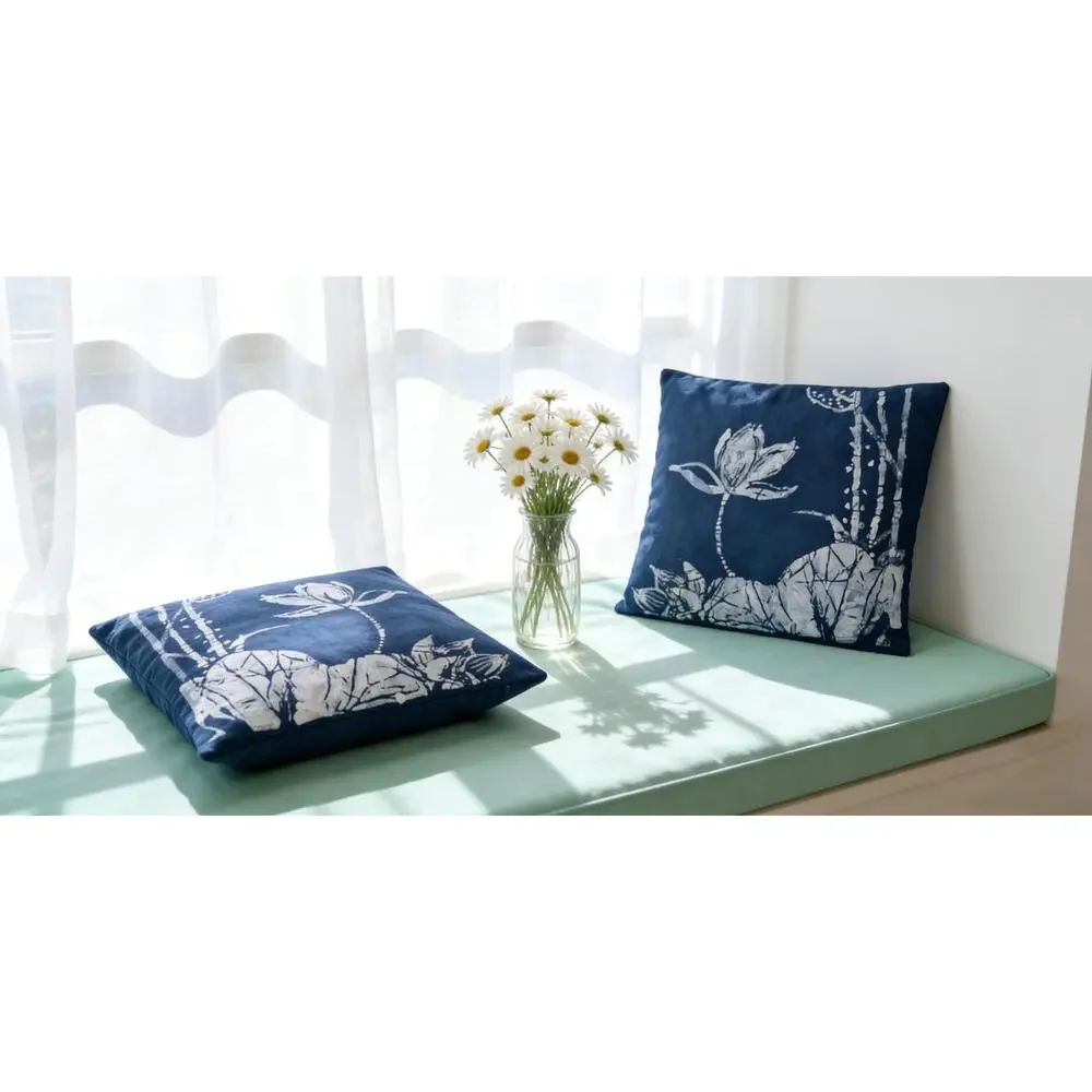 Handmade Lotus Pillow Cover | Indigo Batik Throw Pillow Cover